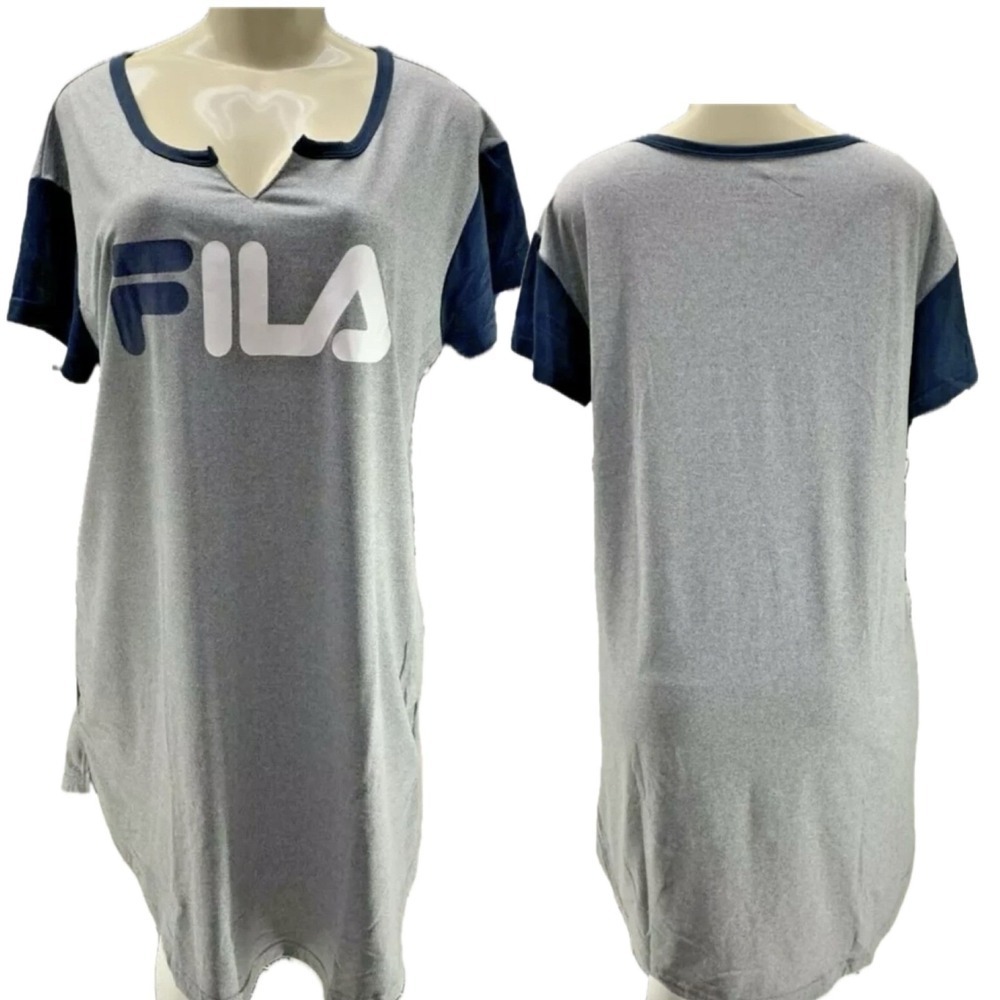Fila Ladies M Sleepwear Color Block Sleep Tee Split Neck Short Sleeve Gray Navy